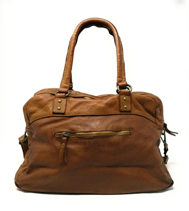 Sac bowling en cuir vintage MISS ERICA Camel foncé