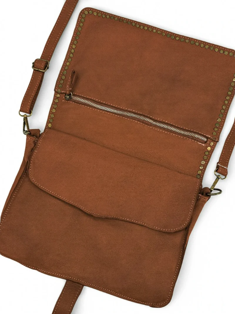 Sac besace à bandoulière en cuir vintage MISS K Cognac