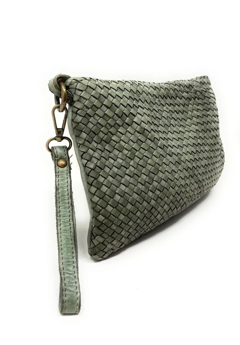 Sac pochette à bandoulière en cuir tressé MISS JOE Vert amande