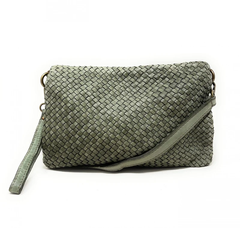 Sac pochette à bandoulière en cuir tressé MISS JOE Vert amande
