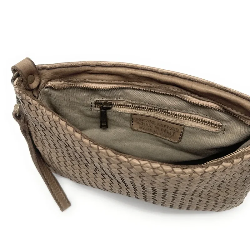Sac pochette à bandoulière en cuir tressé MISS JOE Taupe foncé
