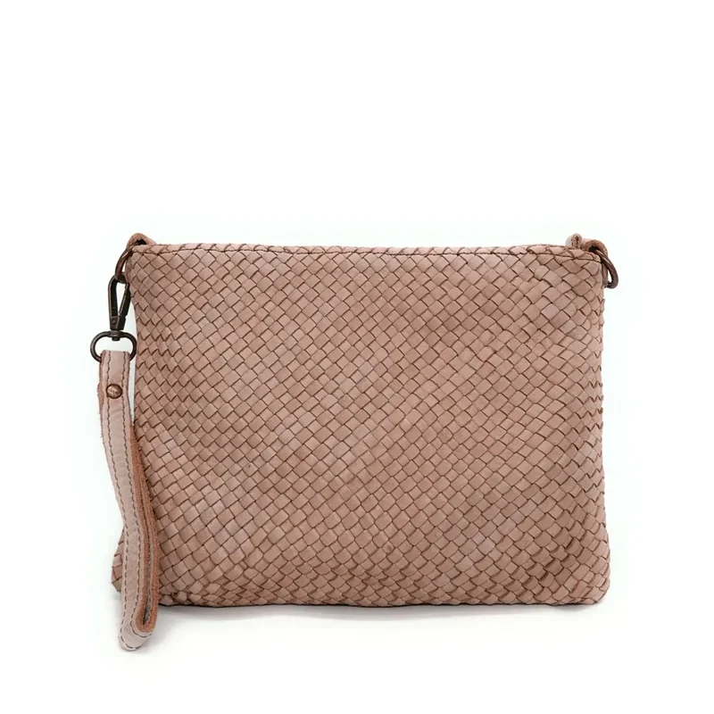 Sac pochette à bandoulière en cuir tressé MISS JOE Rose nude
