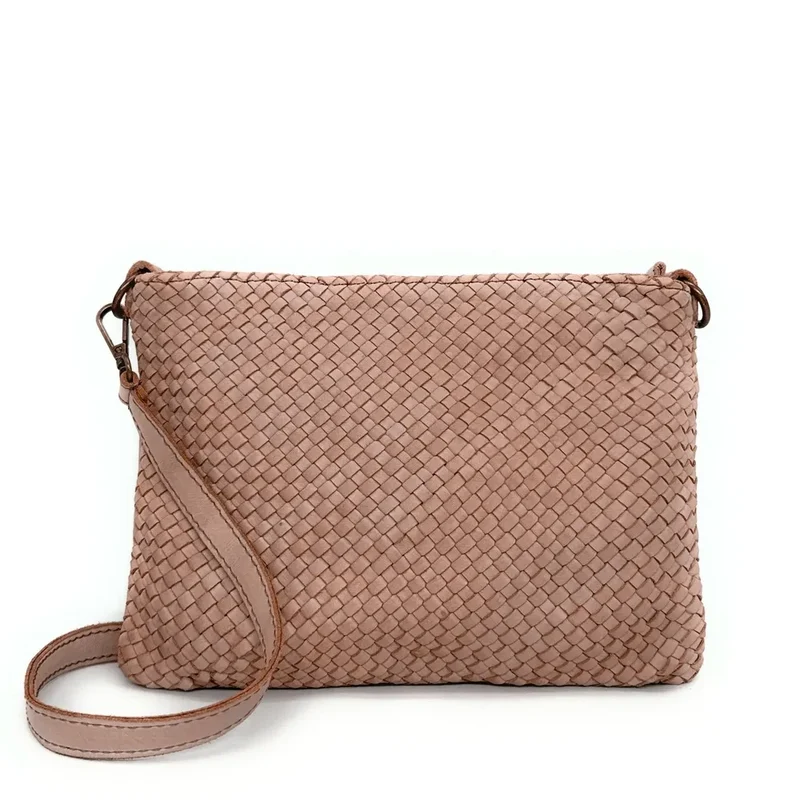 Sac pochette à bandoulière en cuir tressé MISS JOE Rose nude