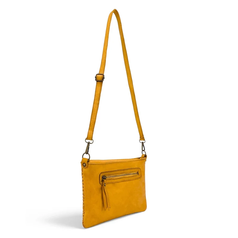 Sac pochette à bandoulière en cuir tressé MISS JOE Jaune Moutarde