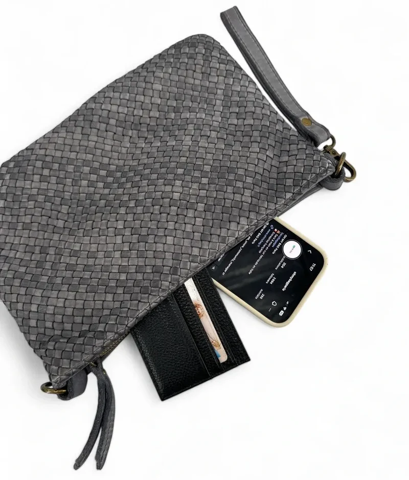Sac pochette à bandoulière en cuir tressé MISS JOE Gris pigeon