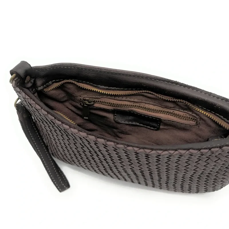 Sac pochette à bandoulière en cuir tressé MISS JOE Chocolat