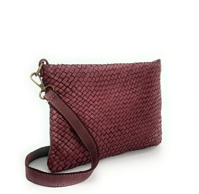 Sac pochette à bandoulière en cuir tressé MISS JOE Bordeaux