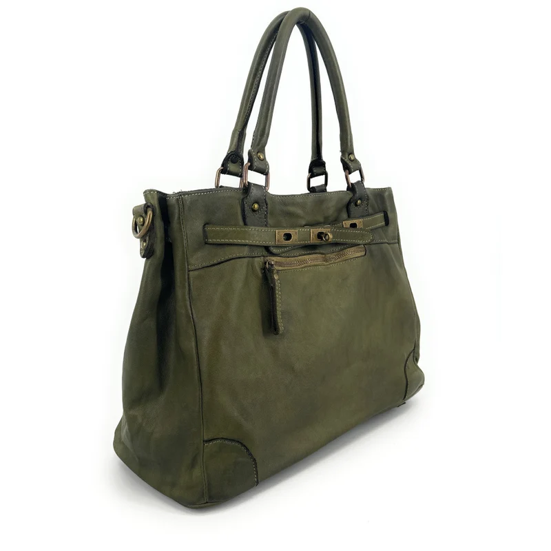 Sac cabas en cuir vintage MISS JEANNE Vert olive