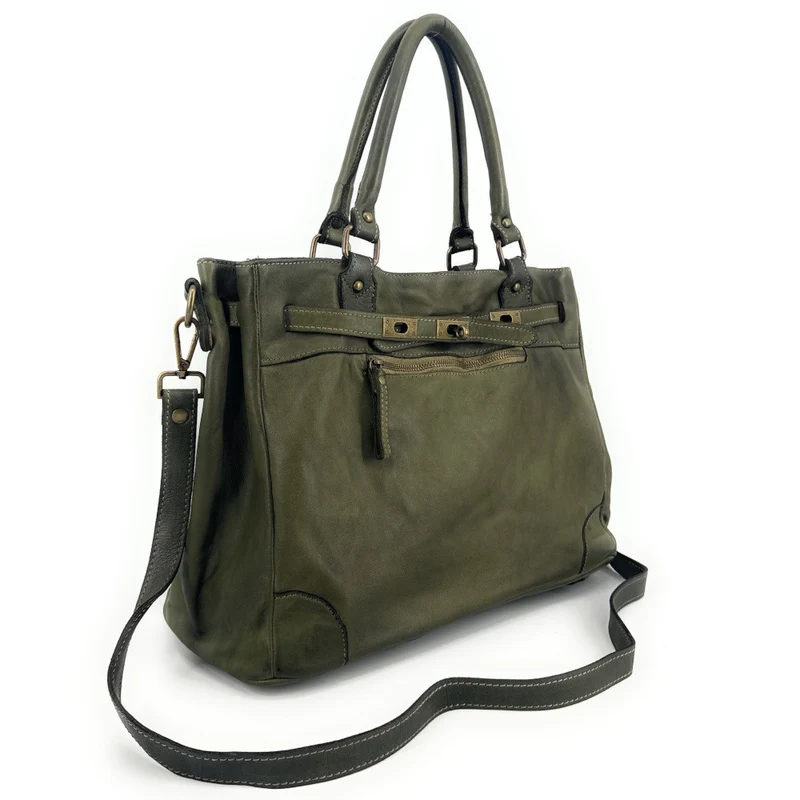 Sac cabas en cuir vintage MISS JEANNE Vert olive