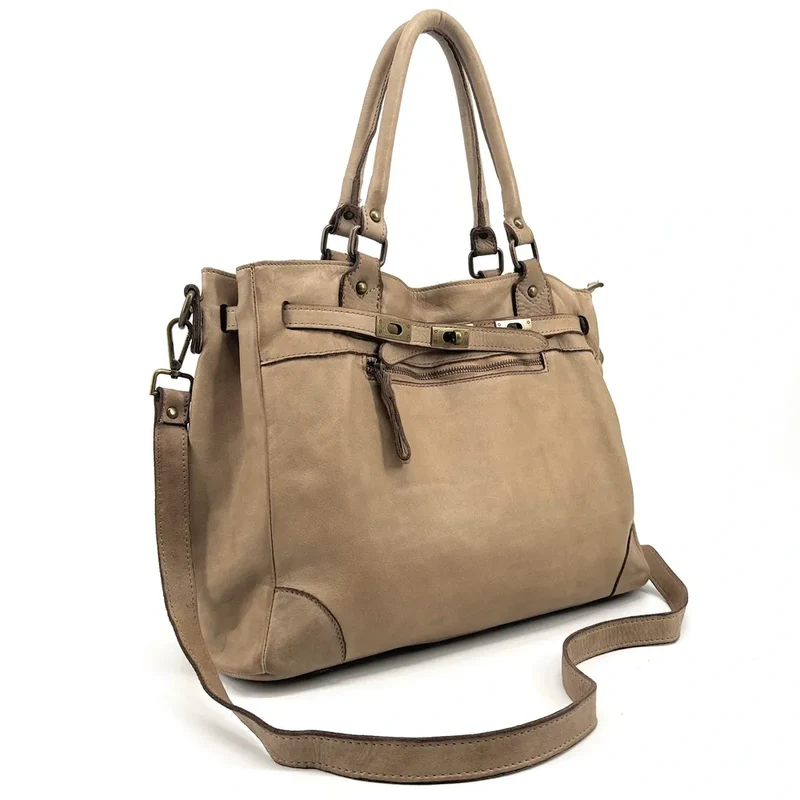 Sac cabas en cuir vintage MISS JEANNE Taupe
