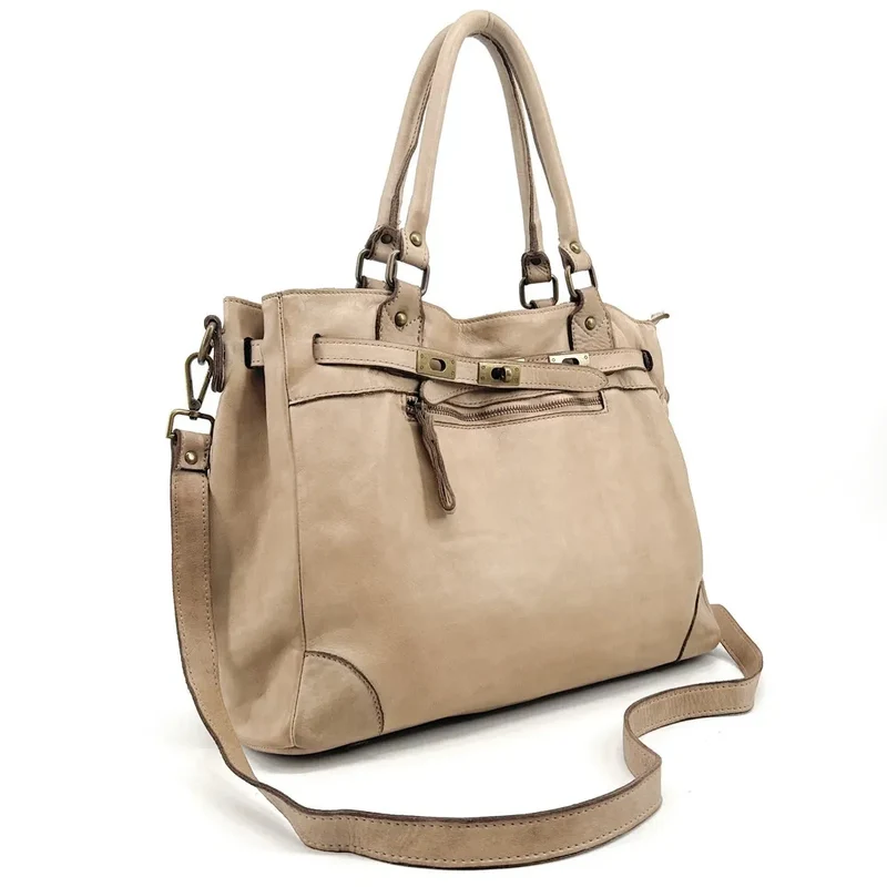Sac cabas en cuir vintage MISS JEANNE Taupe clair