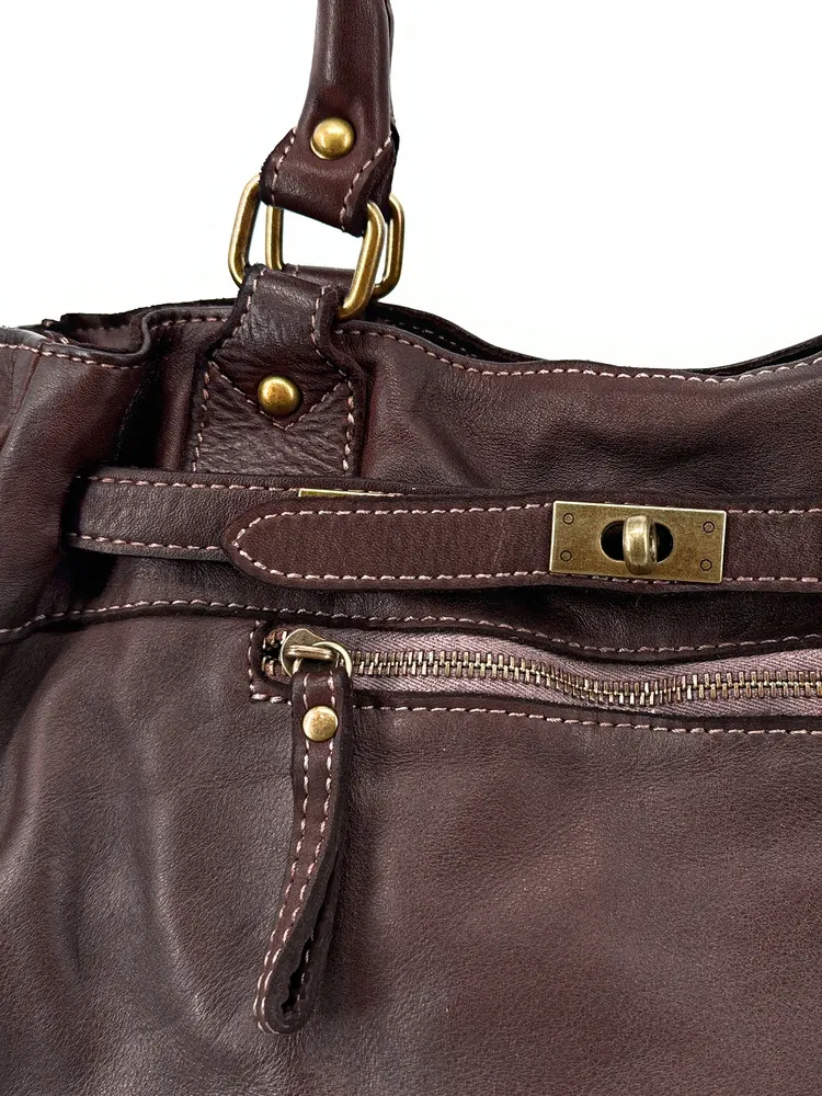 Sac cabas en cuir vintage MISS JEANNE Marron Chocolat