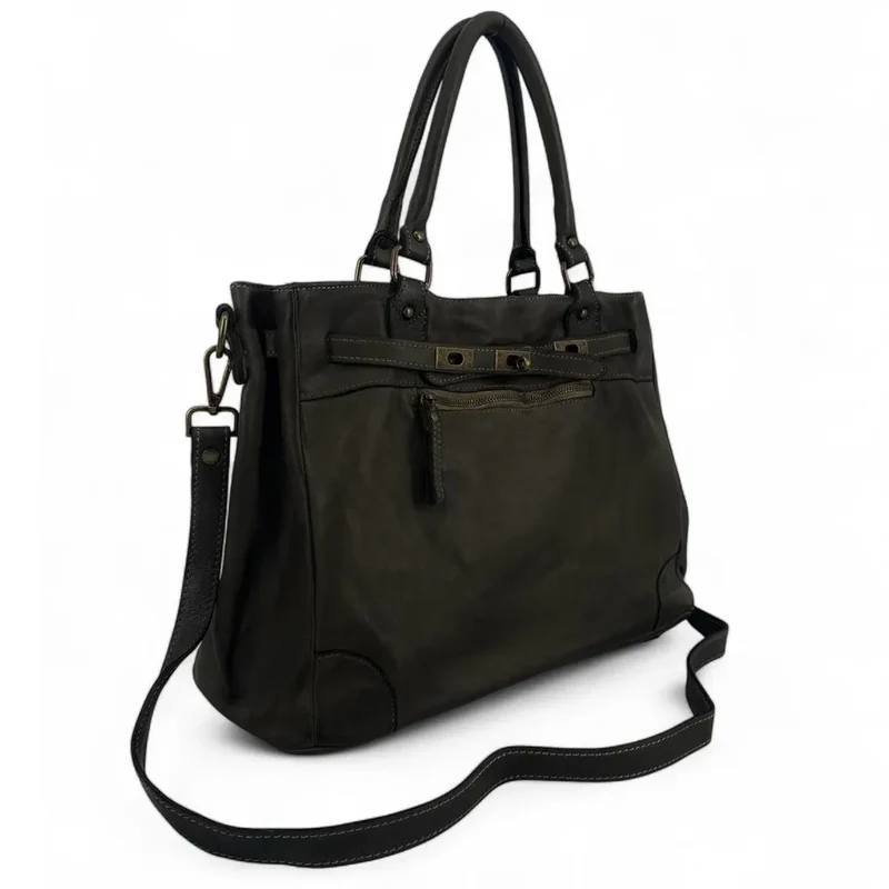 Sac cabas en cuir vintage MISS JEANNE Kaki foncé
