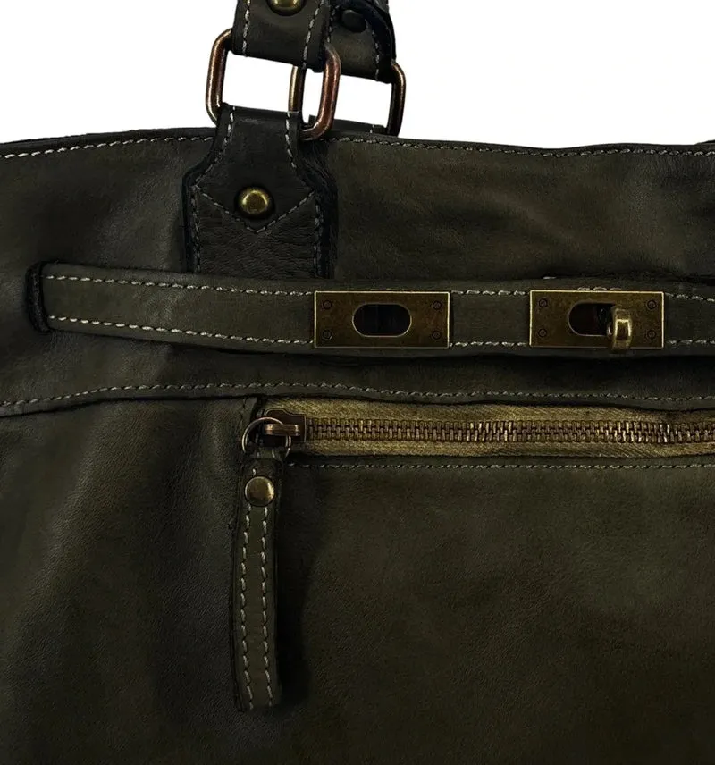 Sac cabas en cuir vintage MISS JEANNE Kaki foncé