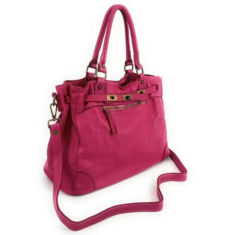 Sac cabas en cuir vintage MISS JEANNE Rose fuchsia