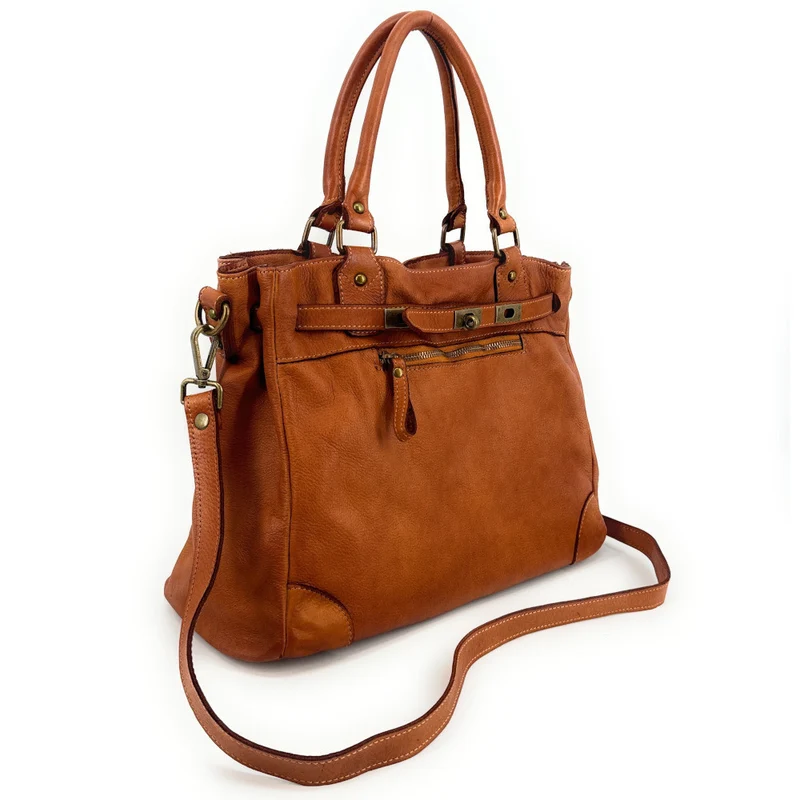Sac cabas en cuir vintage MISS JEANNE Camel foncé