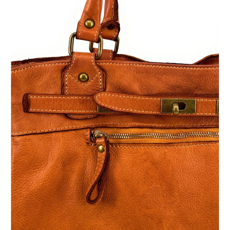Sac cabas en cuir vintage MISS JEANNE Camel foncé