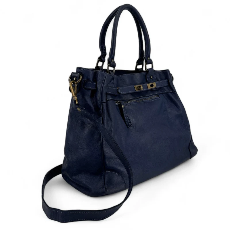 Sac cabas en cuir vintage MISS JEANNE Bleu profond