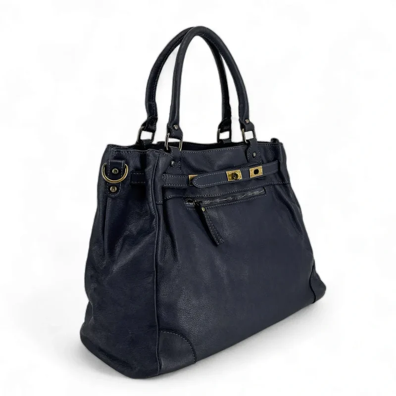 Sac cabas en cuir vintage MISS JEANNE Bleu marine