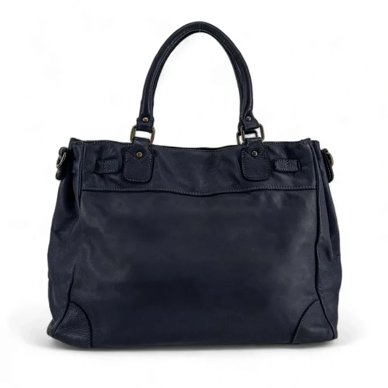 Sac cabas en cuir vintage MISS JEANNE Bleu marine