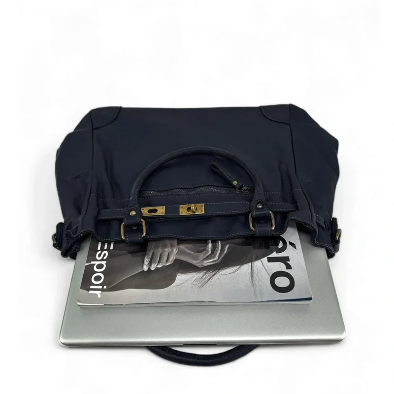 Sac cabas en cuir vintage MISS JEANNE Bleu marine