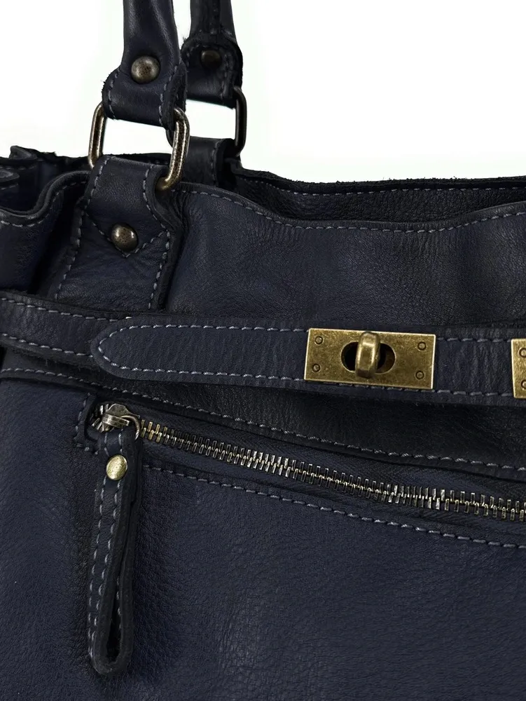 Sac cabas en cuir vintage MISS JEANNE Bleu marine