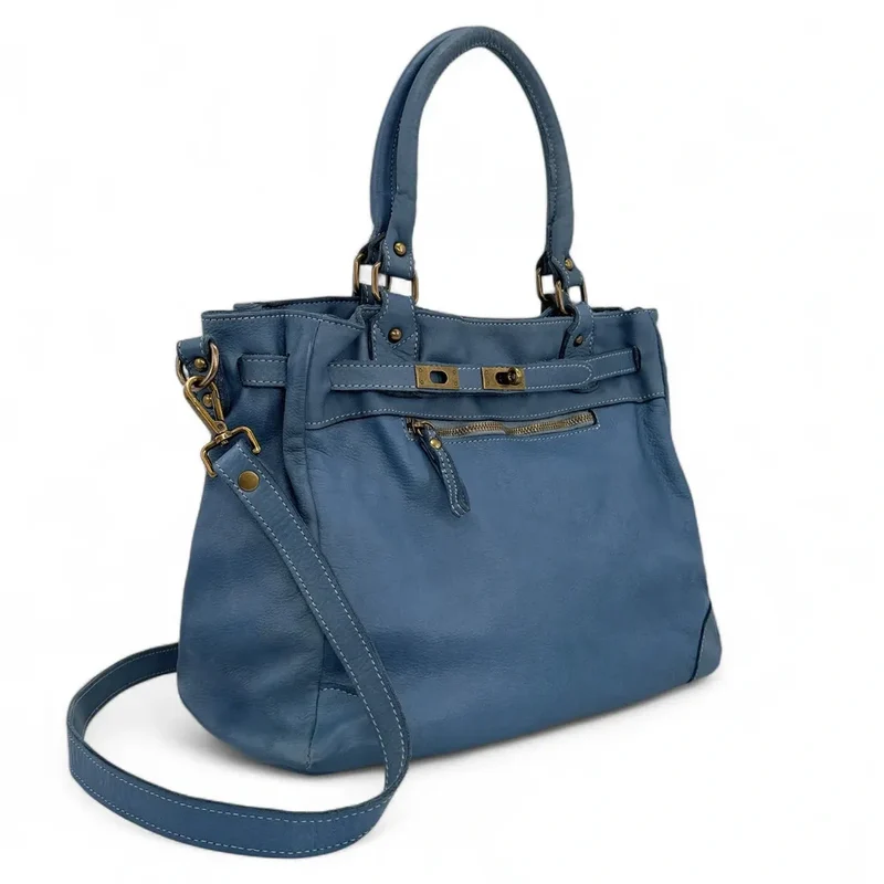 Sac cabas en cuir vintage MISS JEANNE Bleu denim