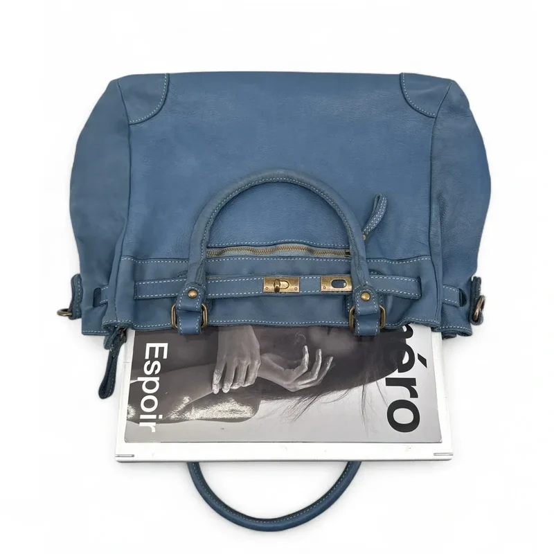 Sac cabas en cuir vintage MISS JEANNE Bleu denim