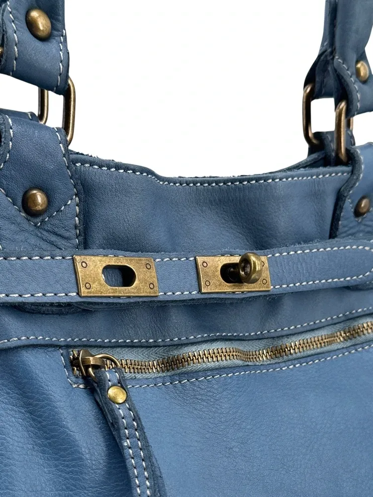 Sac cabas en cuir vintage MISS JEANNE Bleu denim