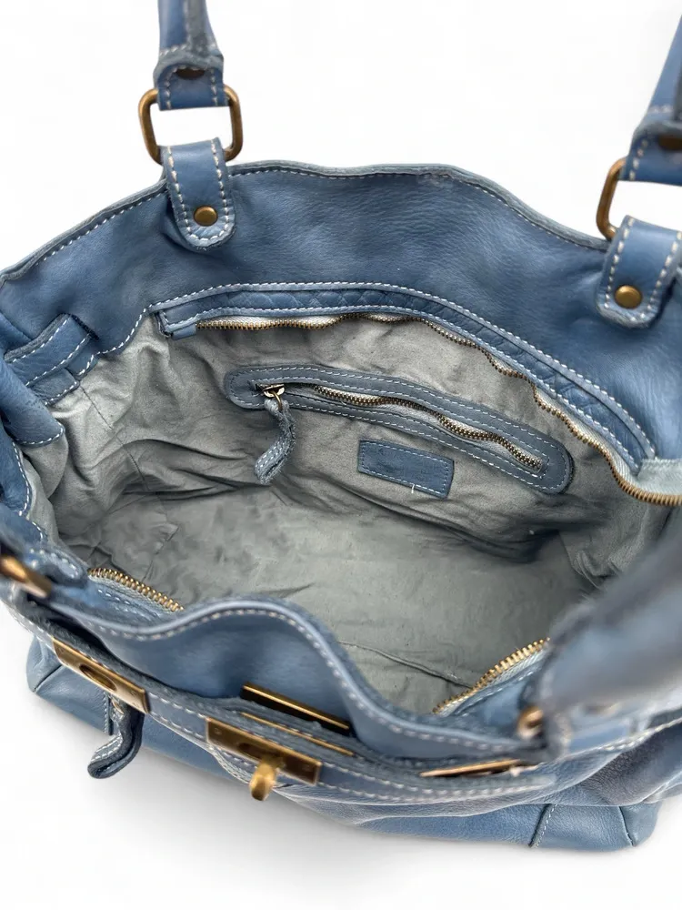 Sac cabas en cuir vintage MISS JEANNE Bleu denim