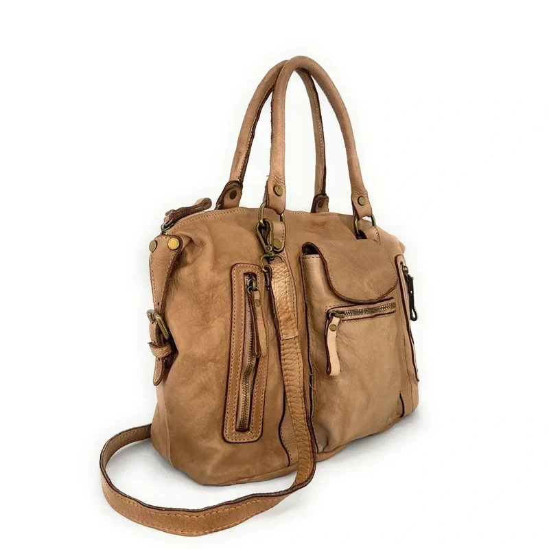 Sac porté épaule en cuir vintage MISS MY Taupe