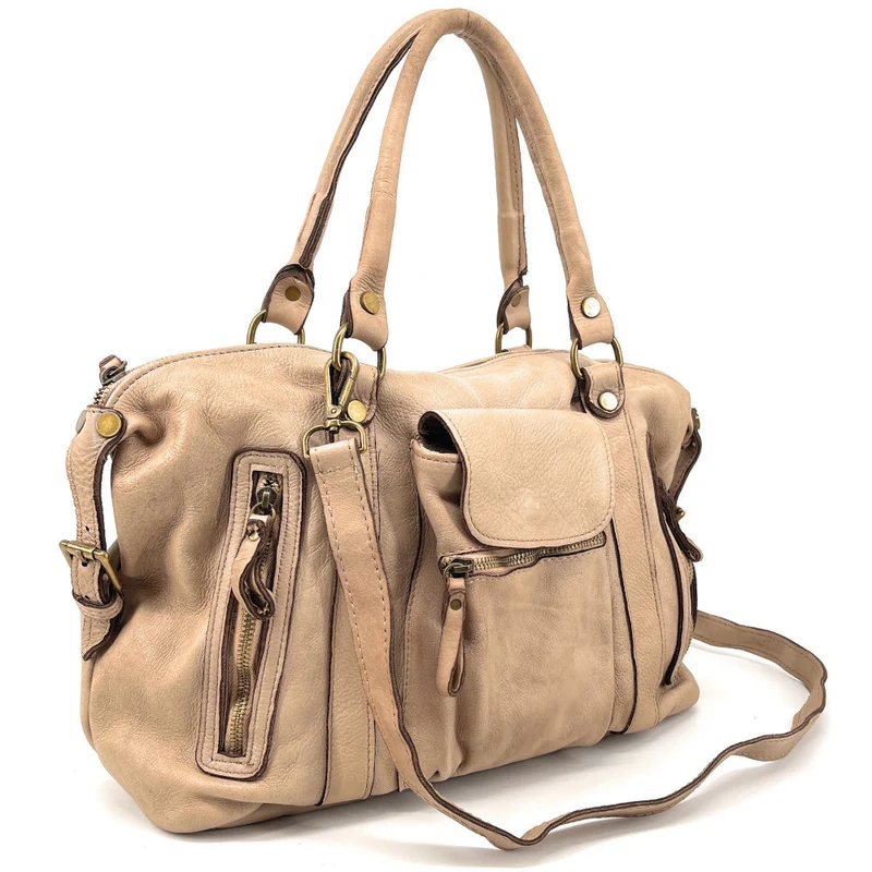 Sac porté épaule en cuir vintage MISS MY Taupe clair