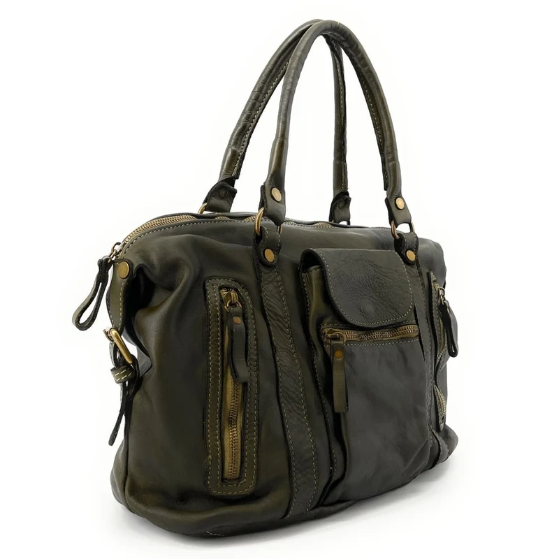 Sac porté épaule en cuir vintage MISS MY Kaki foncé