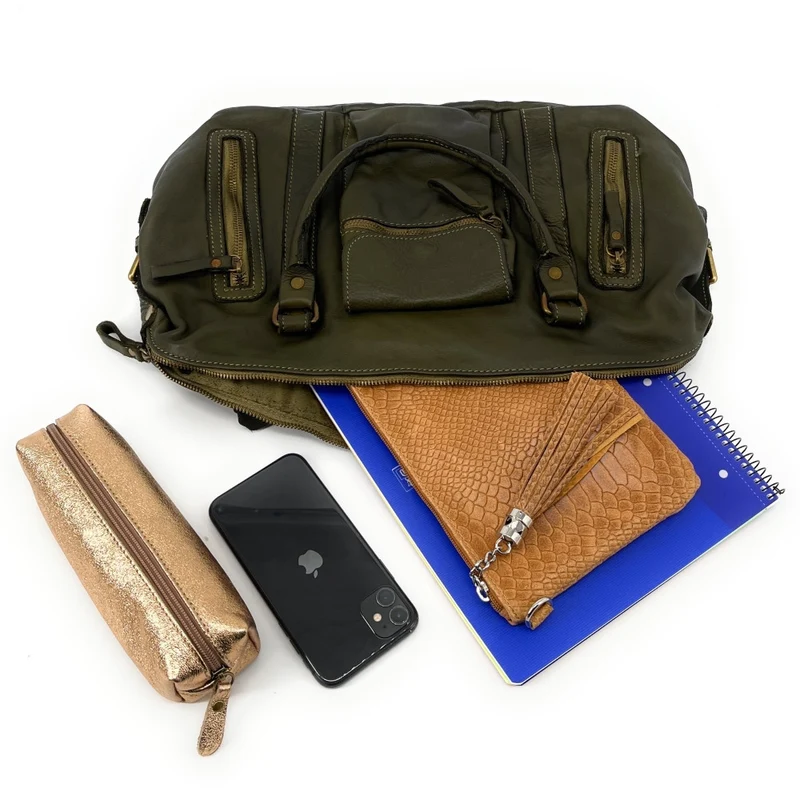 Sac porté épaule en cuir vintage MISS MY Kaki foncé
