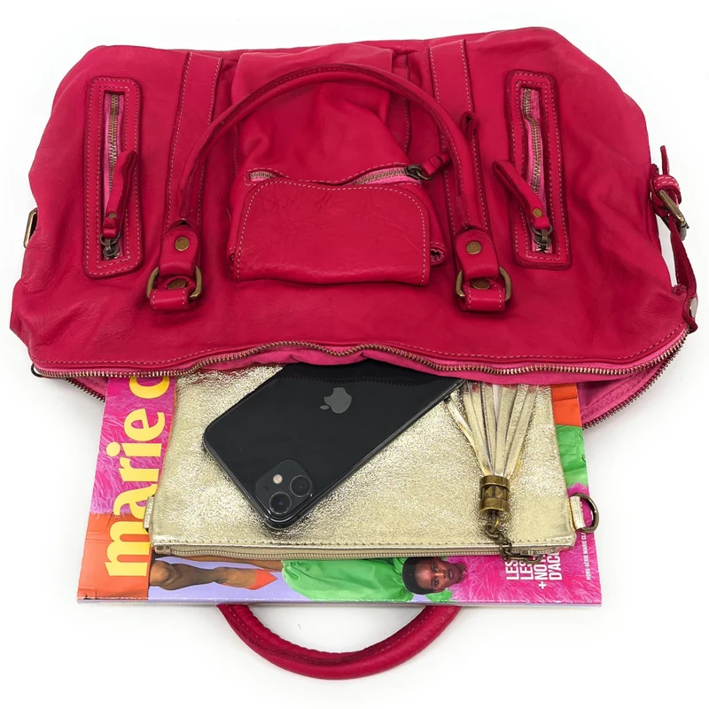 Sac porté épaule en cuir vintage MISS MY Rose fuchsia