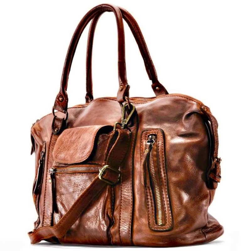 Sac porté épaule en cuir vintage MISS MY Marron Cognac foncé