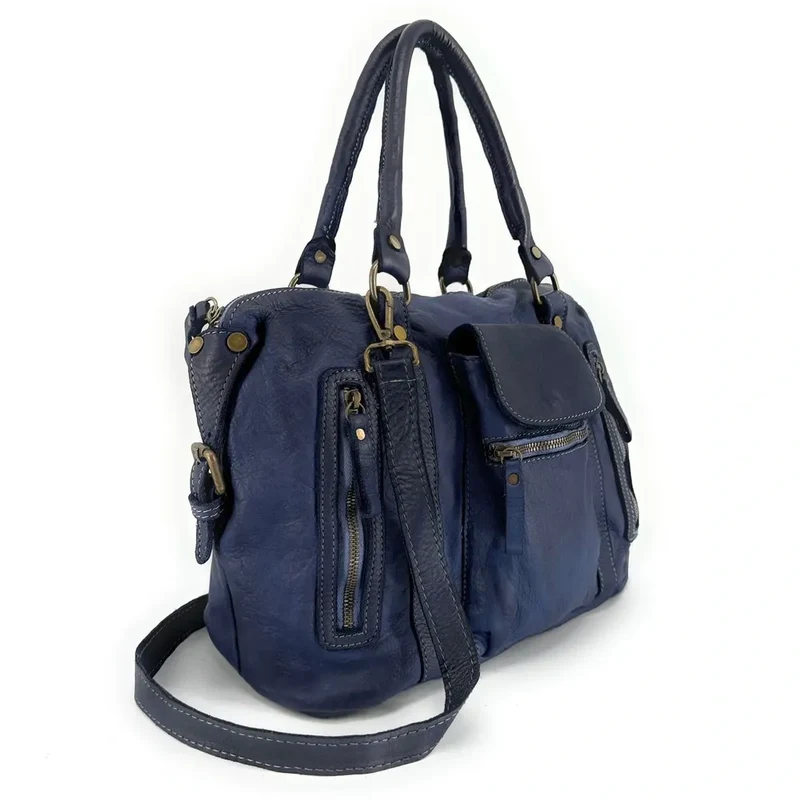 Sac porté épaule en cuir vintage MISS MY Bleu profond