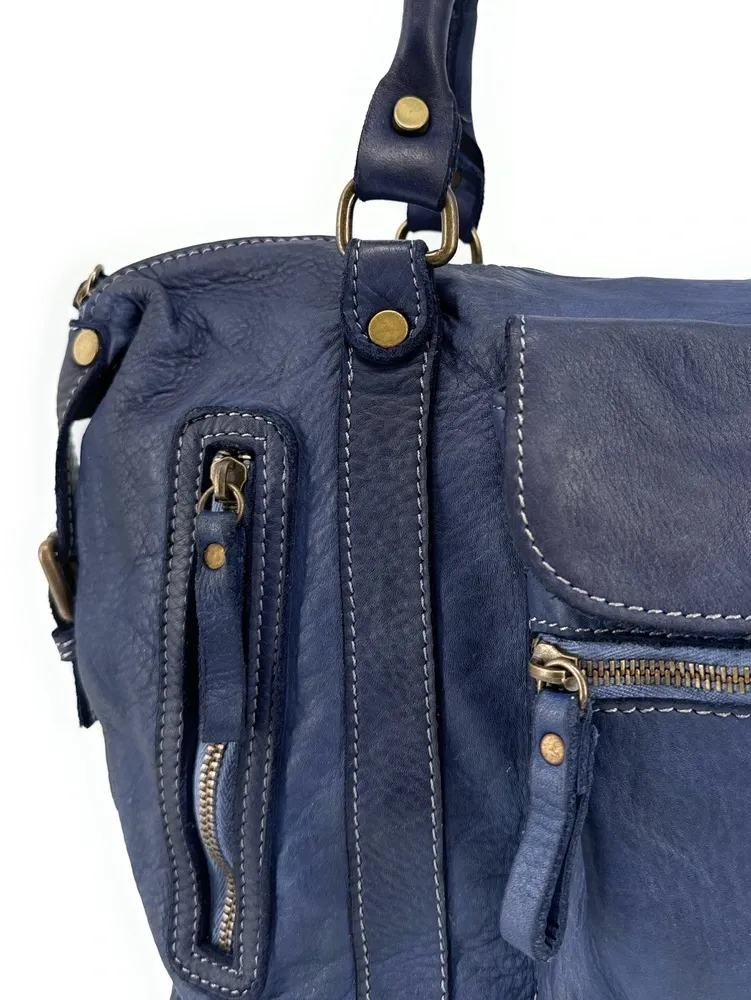 Sac porté épaule en cuir vintage MISS MY Bleu profond