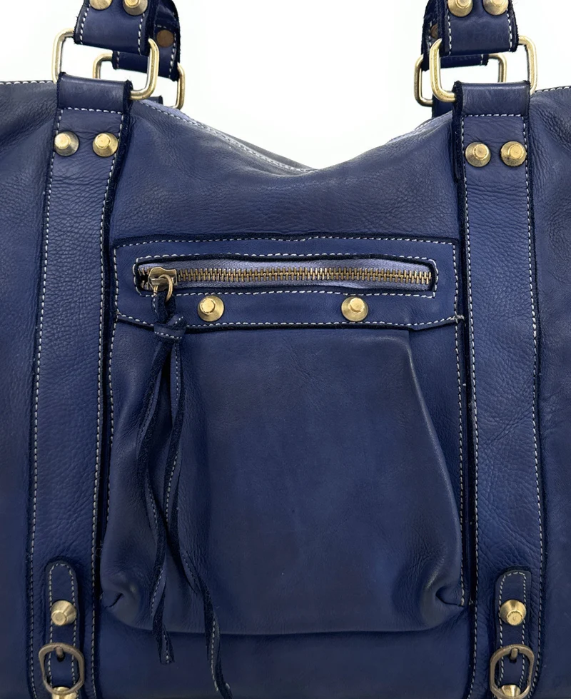 Grand sac porté épaule en cuir souple tannage végétal STORM XL HURRICAN Bleu profond