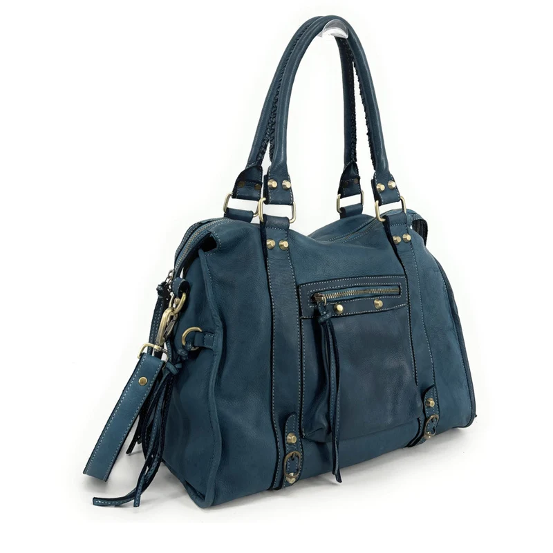 Grand sac porté épaule en cuir souple tannage végétal STORM XL HURRICAN Bleu vert canard