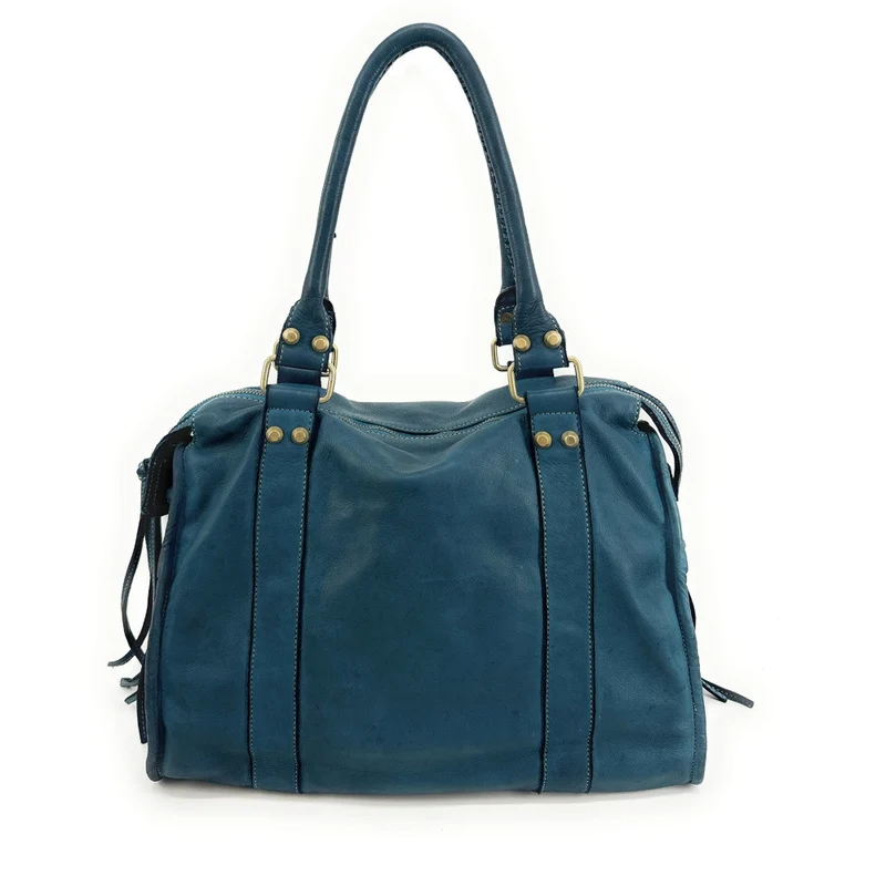 Grand sac porté épaule en cuir souple tannage végétal STORM XL HURRICAN Bleu vert canard