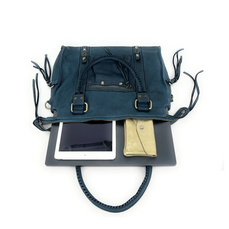 Grand sac porté épaule en cuir souple tannage végétal STORM XL HURRICAN Bleu vert canard