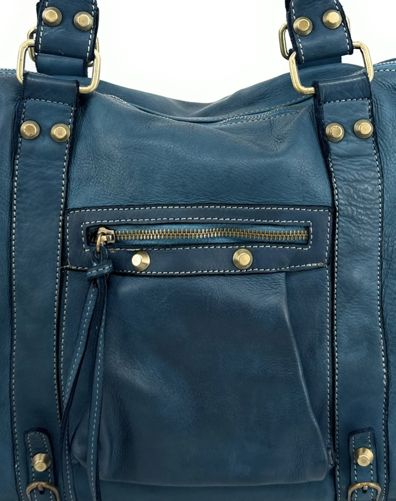 Grand sac porté épaule en cuir souple tannage végétal STORM XL HURRICAN Bleu vert canard