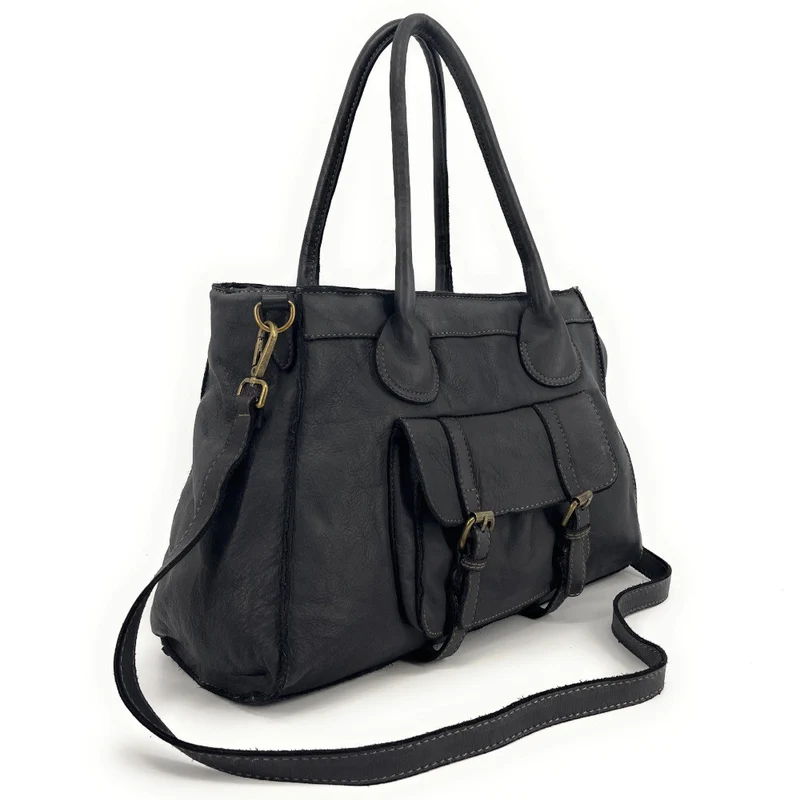 Grand sac cabas en cuir vintage ALBUS Noir