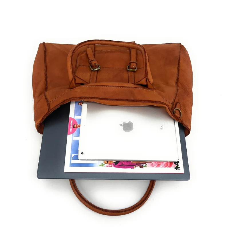 Grand sac cabas en cuir vintage ALBUS Camel foncé