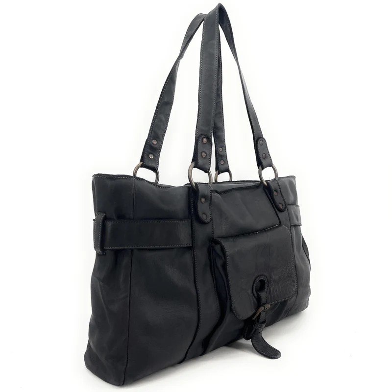 Maxi sac cabas porté épaule en cuir vintage QUEEN M Noir