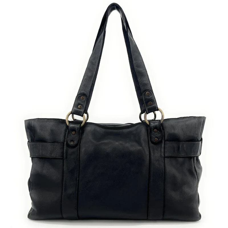 Maxi sac cabas porté épaule en cuir vintage QUEEN M Noir
