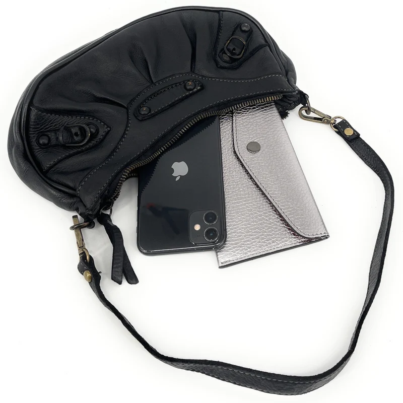 Sac croissant en cuir vintage MISS LUNA Noir