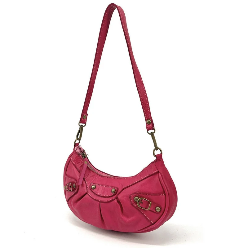 Sac croissant en cuir vintage MISS LUNA Rose fuchsia