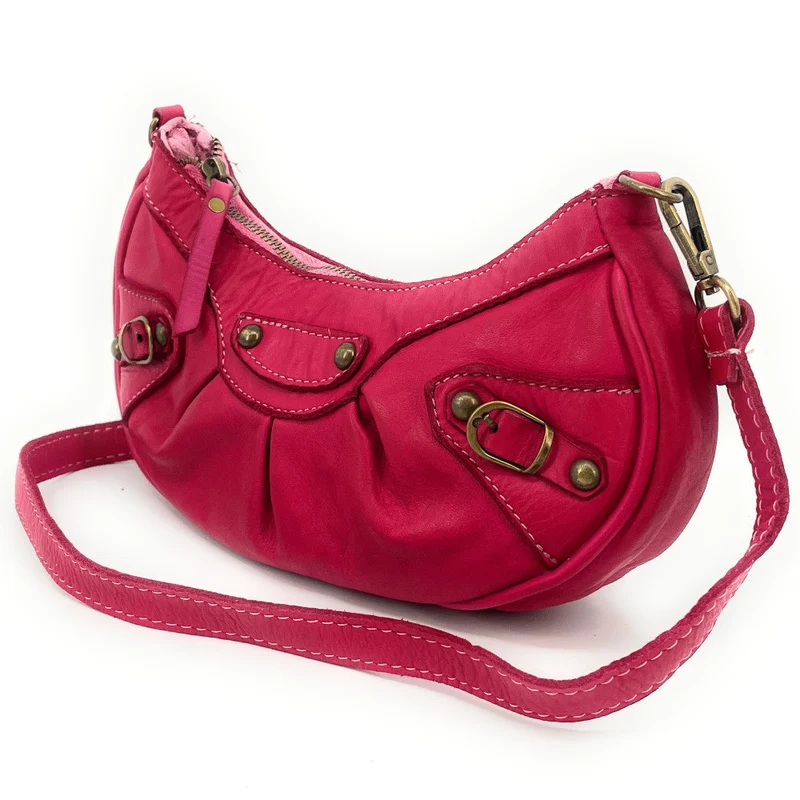 Sac croissant en cuir vintage MISS LUNA Rose fuchsia